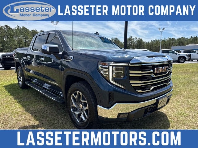 2022 GMC Sierra 1500 SLT in Pacific Blue Metallic — front three-quarter view